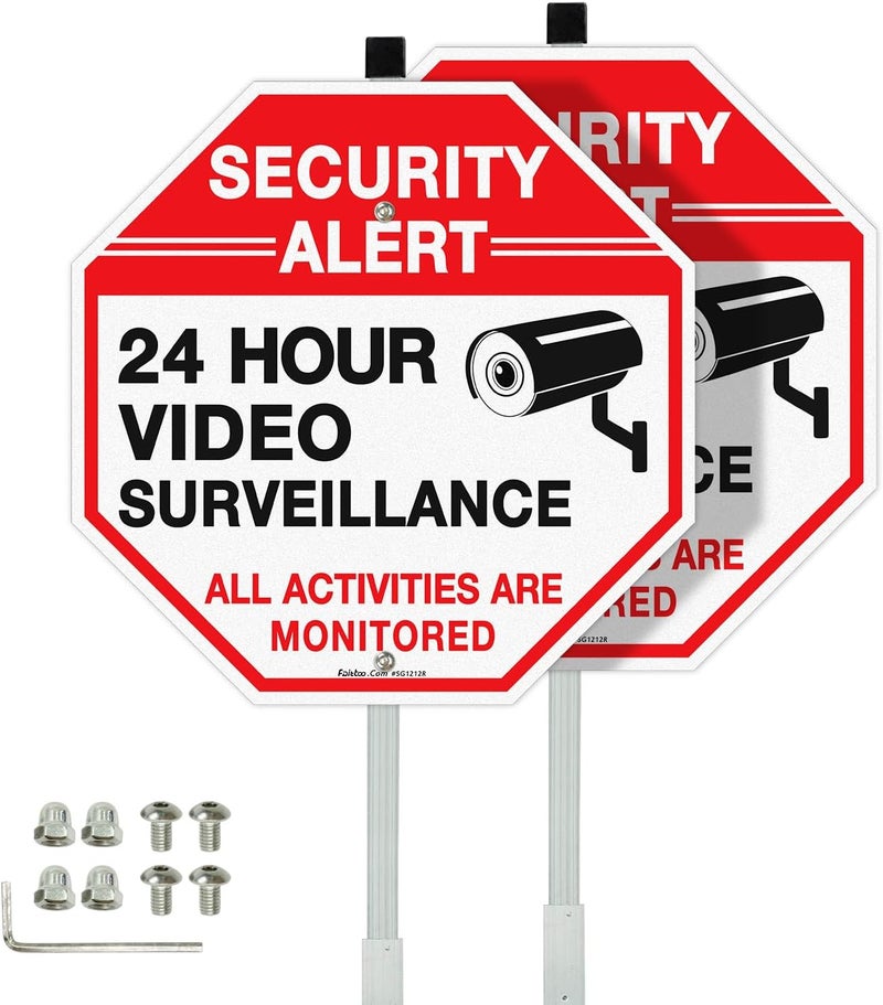 Faittoo Security Sign Video Surveillance Sign with 36" Stake for Outside, 2-Pack 12"x12" Rust Free Heavy Aluminum, Reflective, Fade Resistant, 2 pre-drilled holes, Includes Matching Screws & Wrench, - Image 1